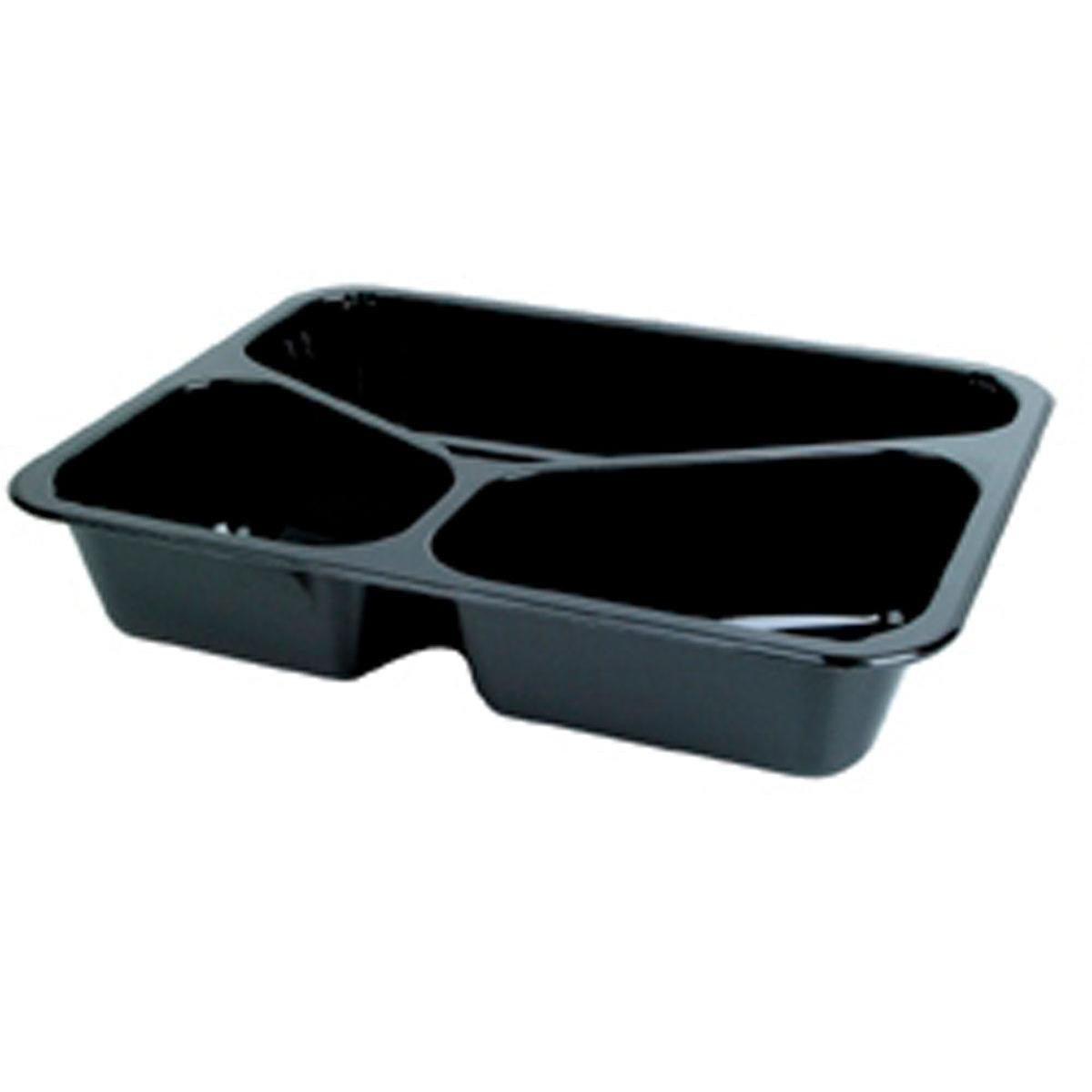 The CPET tray 225x175 mm from Duni GmbH in black with three compartments is heat-resistant - perfect for environmentally friendly takeaway and catering of hot meals. Packaging unit: 300 pieces.