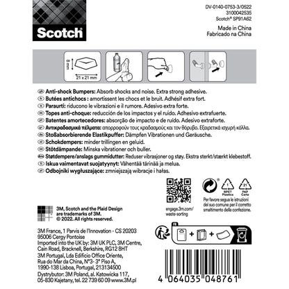 Rückseite eines Scotch® Stoßabsorbierenden Elastikpuffers für Wände SP91A62, selbsthaftend, transparent, 21 × 21 mm, 6/Packung von 3M Deutschland GmbH-einschließlich mehrsprachiger Anleitung, Barcode, Icons, Logos & QR-Code. Hergestellt in China.
