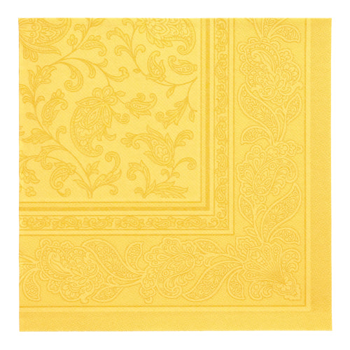 Eine gelbe PAPSTAR GmbH 50 Servietten "ROYAL Collection" Serviette (1/4-Faltung, 40 x 40 cm) mit Paisley- und Blumenprägung ist von oben gefaltet abgebildet.