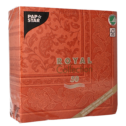Ein 50er-Pack PAPSTAR "ROYAL Collection" 1/4-Falz-Servietten in Terracotta (40 x 40 cm) von PAPSTAR GmbH, mit floralem Muster und FSC/Recycling-Symbolen-hochwertige Papierservietten für jeden Anlass.