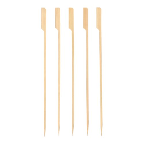 Fünf PAPSTAR Grill-Spieße "pure" aus Holz (25 cm) von PAPSTAR GmbH mit flachem, abgeschrägtem Kopf und spitzer Spitze liegen nebeneinander auf weißem Hintergrund. Ideal für BBQ und Grillpartys, erhältlich im Papptray (150 Stück).