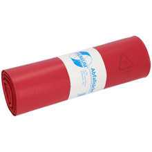 Eine Rolle roter Kunststoff-Müllsäcke der EMIL DEISS KG (GmbH + Co.), DEISS 11705 - 575x1000 mm Typ 60, ist mit einem weiß-blauen Etikett mit Text, Recycling-Informationen und der Produktbezeichnung versehen; enthält 25 Säcke pro Rolle.