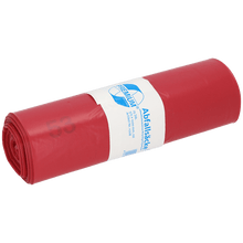 Eine Rolle DEISS Müllsäcke 575x1000x0,06 mm aus Recycling-LDPE 70 l von EMIL DEISS KG (GmbH + Co.) in rot, verpackt in einem weißen Etikett mit blauem Text und Grafik, abgebildet auf einem schlichten weißen Hintergrund.