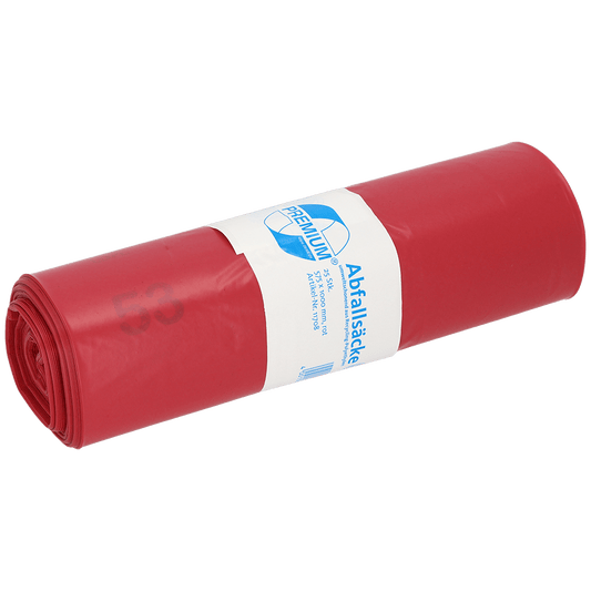 Eine Rolle DEISS Müllsäcke 575x1000x0,06 mm aus Recycling-LDPE 70 l von EMIL DEISS KG (GmbH + Co.) in rot, verpackt in einem weißen Etikett mit blauem Text und Grafik, abgebildet auf einem schlichten weißen Hintergrund.