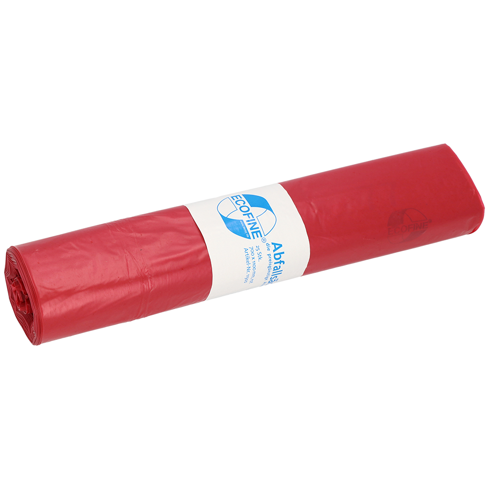 A roll of DEISS ECOFINE® waste bags 13900, 120 liters, made of recycled LDPE/LLDPE from EMIL DEISS KG (GmbH + Co.) with a white label on a white background - ideal for environmentally friendly waste disposal.