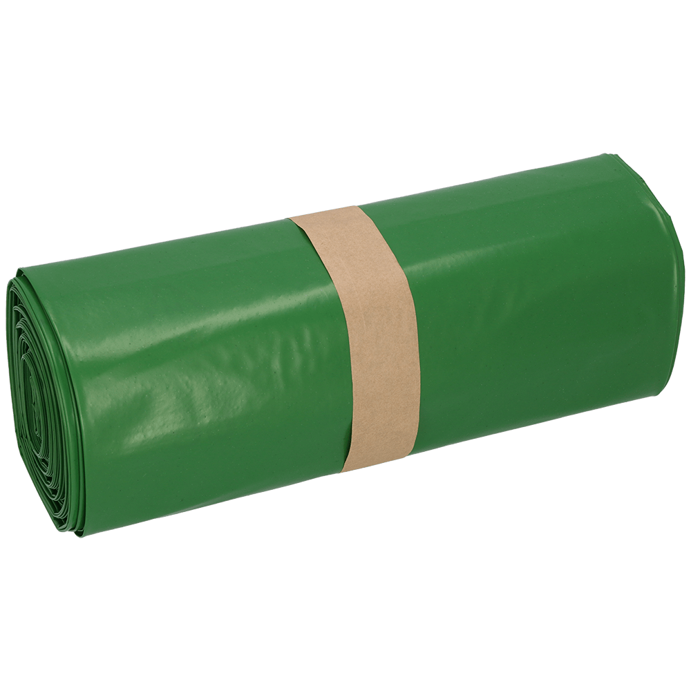 A tightly packed roll of DEISS Premium garbage bags (700x1100x0.1 mm, 120 liters, green, 25 pieces) from EMIL DEISS KG (GmbH + Co.) is secured with a brown paper band, ideal for waste disposal, lying on a white background.