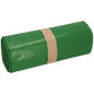 A tightly packed roll of DEISS Premium garbage bags (700x1100x0.1 mm, 120 liters, green, 25 pieces) from EMIL DEISS KG (GmbH + Co.) is secured with a brown paper band, ideal for waste disposal, lying on a white background.