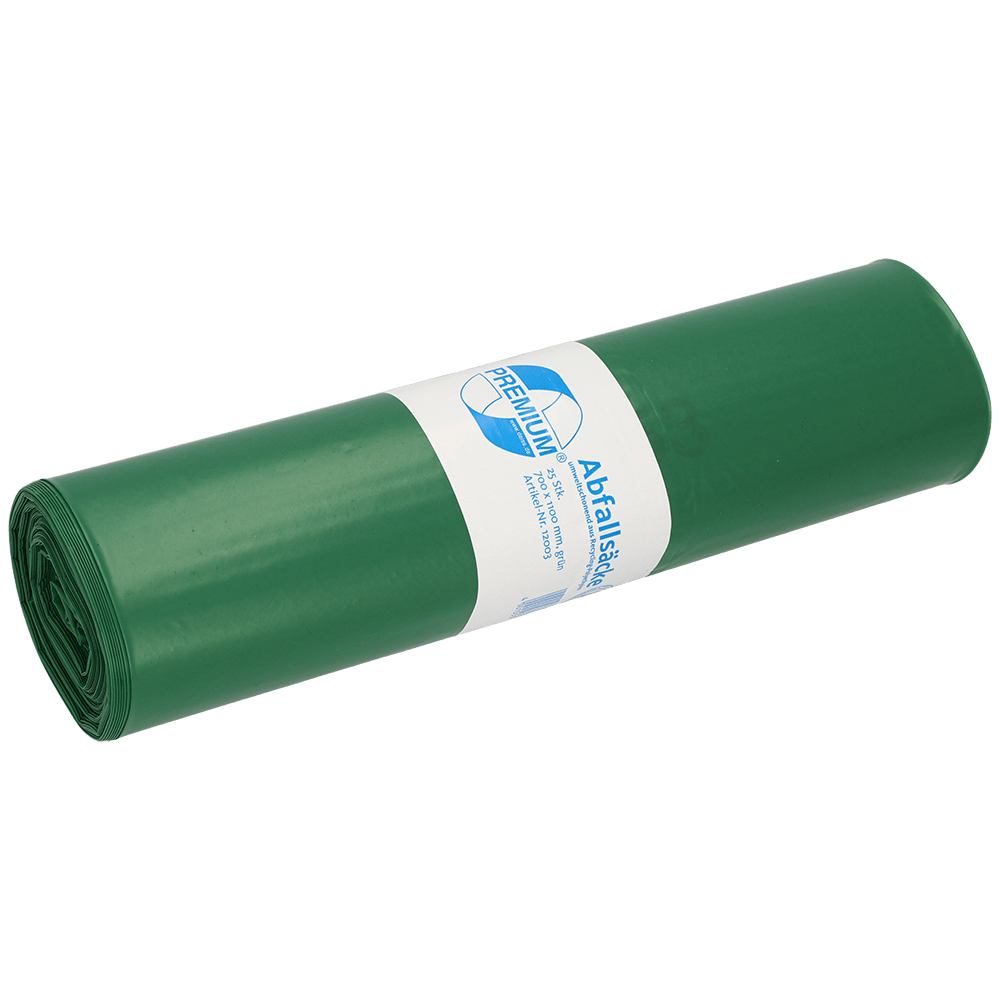 A roll of DEISS 12003 green trash bags (700x1100x0.06 mm, 25 bags) from EMIL DEISS KG (GmbH + Co.), with a white-blue label containing information on professional waste disposal.