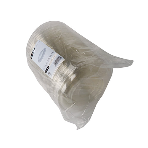 The round dome lids Starpak 50 made of R-PET (Ø 15.5 cm · 2.5 cm clear) are shrink-wrapped in recycled PET and delivered with a white side label – an eco-friendly packaging solution.