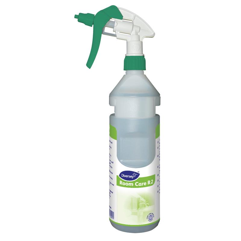 The Room Care R2 Plus spray bottle, empty from Diversey Deutschland GmbH & Co. OHG, is a transparent bottle with a green-white spray head - ideal for the household.