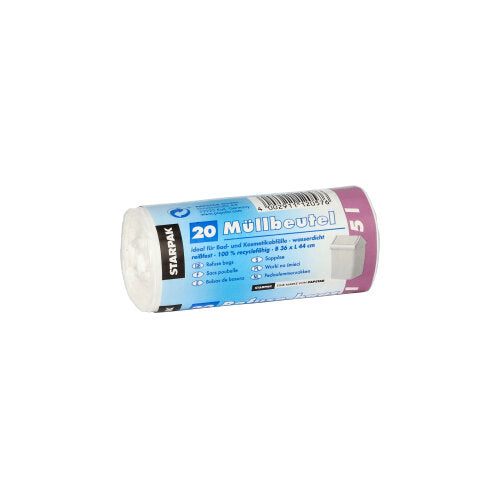 Starpak 20 trash bags, LDPE, white, 5l (44cm x 36cm), with banderole – ideal for small waste bins.