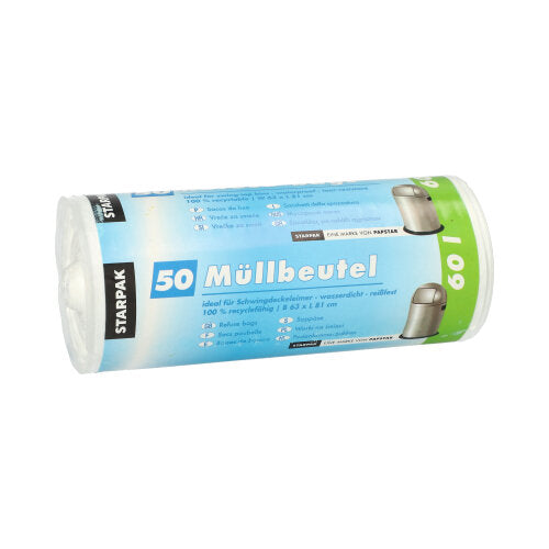 Eine Rolle mit 50 Starpak Müllbeuteln, weißen HDPE-Säcken (60 l, 81 x 63 cm), mit deutscher Beschriftung und verpackt in einer Hülle mit Starpak-Logo.