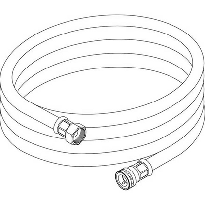 A black and white line drawing of the Diversey Deutschland GmbH & Co. OHG hose for J2000 with quick coupling, with threaded connections at both ends and a quick coupling, shown from a slightly elevated angle.