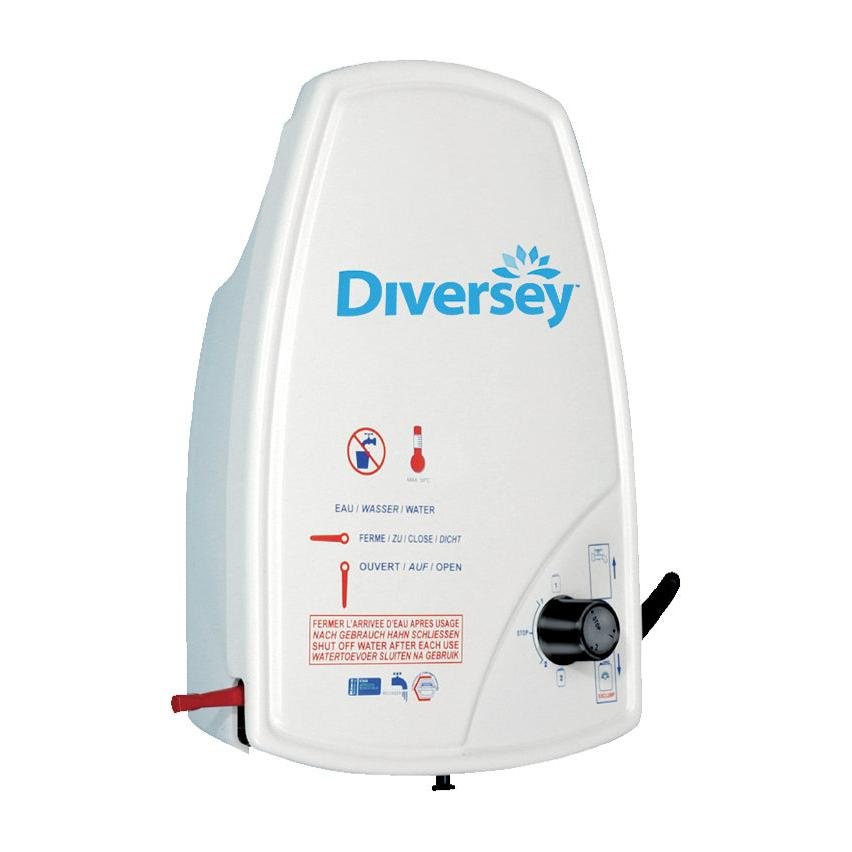 The J1000 dosing station from Diversey Deutschland GmbH & Co. OHG is a white, wall-mounted mixing spray device for a product with a blue logo, temperature display, black rotary knob, and multilingual warning signs.