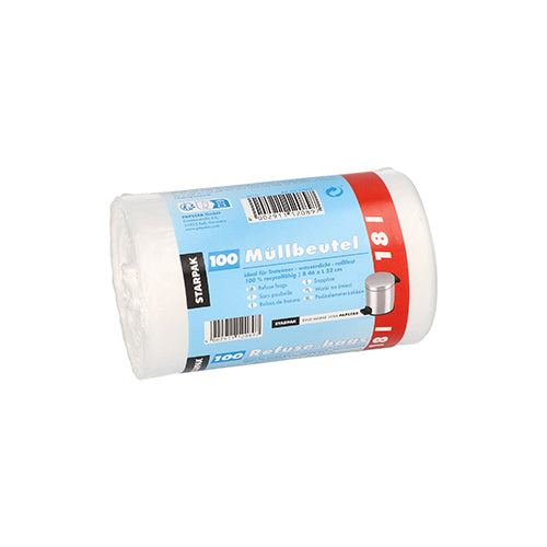 A roll of Starpak 100 trash bags (HDPE, 18 l, 52x46 cm, white) with a blue-red band with the inscription 100 bags. The label contains a barcode and recycling symbols.