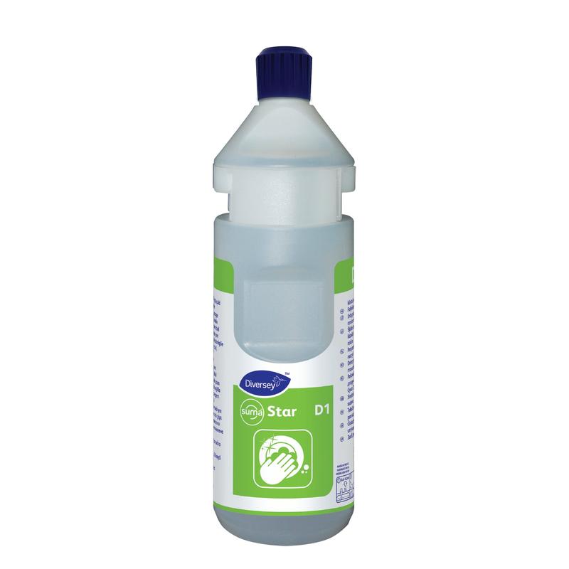 The bottle kit Suma Star-plus D1 plus (0.75l) from Diversey Deutschland GmbH & Co. OHG is a refill bottle with dispenser tape, suitable for Divermite and DQFM systems. Available in cartons with 6 bottles.