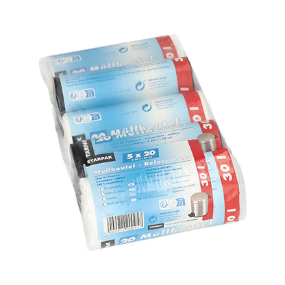 Starpak 100 garbage bags, HDPE, 30 l (60x50 cm), color sorted. The box contains 5 rolls of 20 bags each, packed with a blue-red label with white lettering and trash can images.