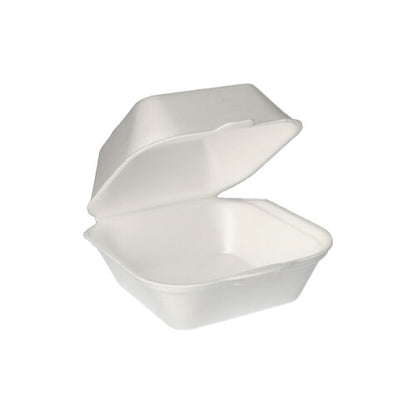 A white Starpak XPS hamburger box (7.5 x 12 x 12 cm) with a hinged lid, opened against a plain background. The package contains 100 shrink-wrapped boxes.