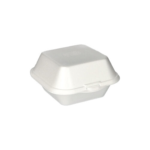 A Starpak 100 hamburger boxes with a hinged lid (XPS, 7.5 x 12 x 12 cm, white) food container is depicted closed against a plain white background.