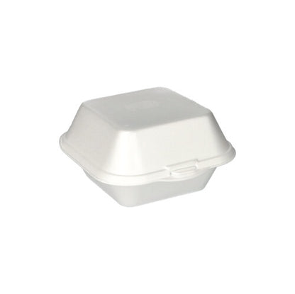 A Starpak 100 hamburger boxes with a hinged lid (XPS, 7.5 x 12 x 12 cm, white) food container is depicted closed against a plain white background.