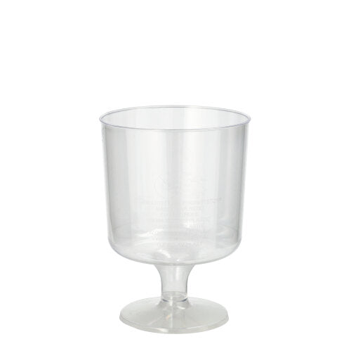 A set of 10 red wine glasses made of clear PS plastic from Starpak (0.2 l, 7.2 cm Ø, 10 cm high) with a short stem and round base, depicted upright on a plain white background, wrapped in shrink wrap.