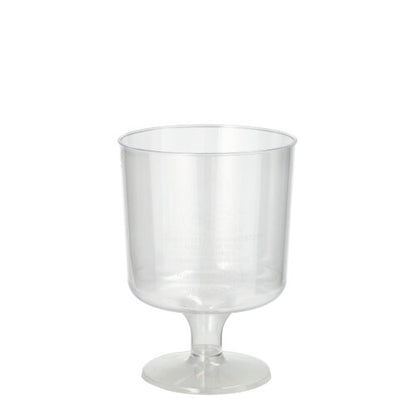 A set of 10 red wine glasses made of clear PS plastic from Starpak (0.2 l, 7.2 cm Ø, 10 cm high) with a short stem and round base, depicted upright on a plain white background, wrapped in shrink wrap.