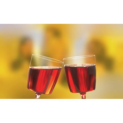 Two Starpak 10 stem glasses filled with red wine, PS 0.2 l red wine glasses are tilted in a toast against a soft yellow and orange background.