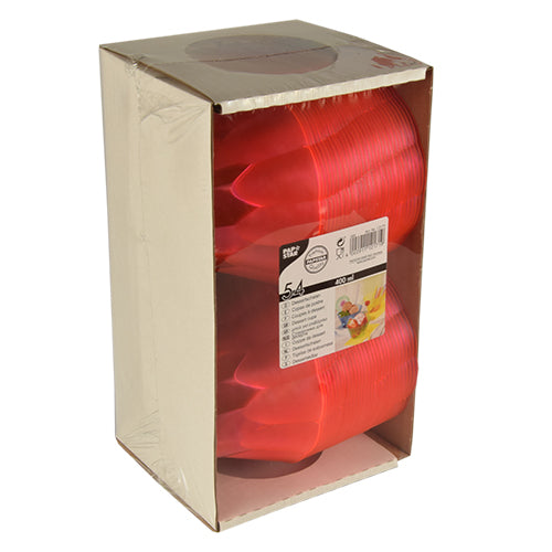 Eine Packung mit 54 rosa Starpak-Dessertschalen (PS, 400 ml, Ø 12 cm × 7 cm) wird aufrecht präsentiert. Die teilweise transparente Schachtel zeigt die gestapelten Schalen und verfügt über ein Etikett mit Produktdetails und einem Bild der Schalen im Gebrauch.