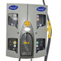 The Quattro Select Uni AirGap dispensing station from Diversey Deutschland GmbH & Co. OHG is a gray wall-mounted device for up to 4 products, with four visible compartments, transparent panels, attached hoses, compact design, rotary knob, and lever.