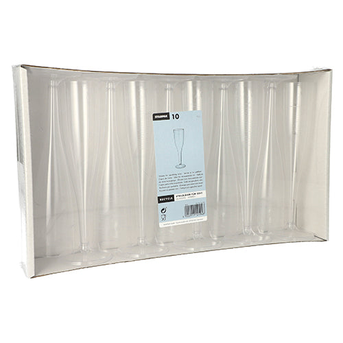 The Starpak 10 stem glasses for champagne (0.1 l, crystal clear, one-piece) are presented upright in a transparent cardboard tray with a central product label – perfect for stylish champagne enjoyment. The box contains 10 elegant PS plastic glasses.