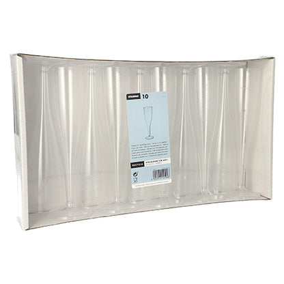 The Starpak 10 stem glasses for champagne (0.1 l, crystal clear, one-piece) are presented upright in a transparent cardboard tray with a central product label – perfect for stylish champagne enjoyment. The box contains 10 elegant PS plastic glasses.