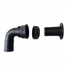 The drain pipe - replacement part for DiveEasy® tank by Diversey Deutschland GmbH & Co. OHG is a black plastic drain pipe with a threaded connection, a round nut, and a straight connector piece, all individually depicted in a row on a white background.