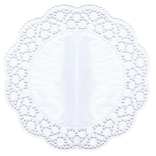 The PAPSTAR round doilies Ø 36 cm in white, ideal for cakes and pastries, feature a solid center and a delicate, wavy lace border. The set includes 6 pieces and is displayed flat on a white background.