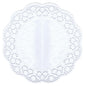 The PAPSTAR round doilies Ø 36 cm in white, ideal for cakes and pastries, feature a solid center and a delicate, wavy lace border. The set includes 6 pieces and is displayed flat on a white background.