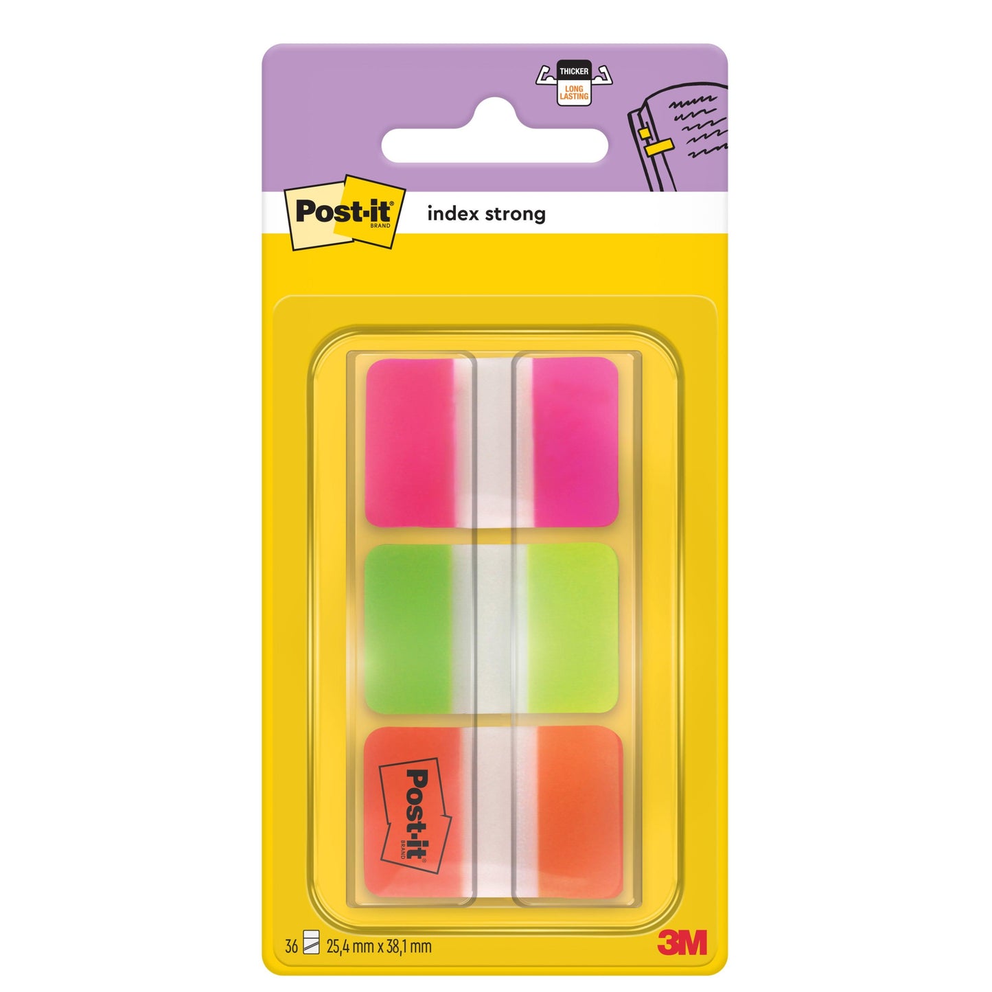 Eine Packung Post-it® Index Strong Ablagetabs von 3M Deutschland GmbH enthält 36 rosa und grüne Ablagetabs (25,4 x 38,1 mm) in einem Spender zur Organisation von Dokumenten. 1 Spender pro Packung.