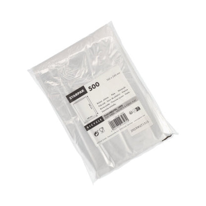 The Starpak 500 flat bags made of transparent LDPE are packaged in clear packaging with a white label showing product details, dimensions, and barcodes.