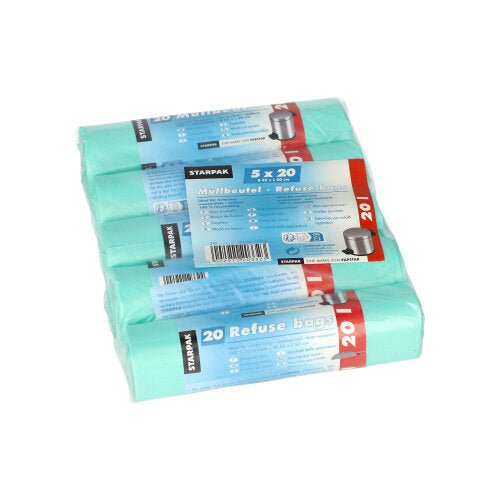 A pack with five Starpak 20 garbage bag rolls (HDPE, 20 l, 50 cm x 45 cm, mint). Each roll contains 20 bags and is wrapped in clear plastic with a blue-red band with product information and Starpak branding.