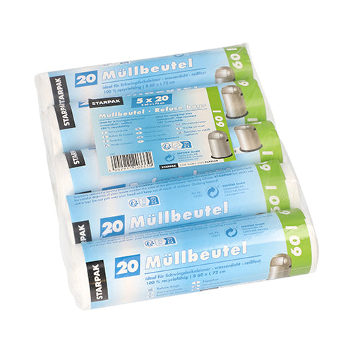 Starpak 100 garbage bags, HDPE 60L (72x60 cm) in white film, with German product description and images of a trash can on the packaging - perfect for the household.