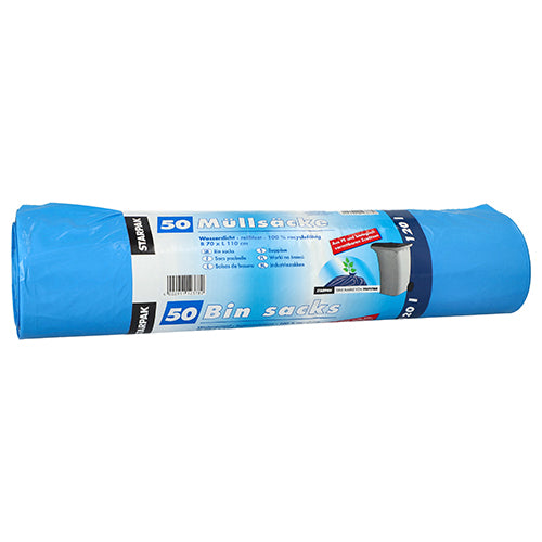 Eine Rolle mit 50 blauen Müllsäcken aus Starpak HDPE (120 l, 110 x 70 cm) mit einem Etikett in Deutsch und Englisch („50 Müllsäcke“, „50 Bin sacks“), einem Bild einer Mülltonne und Informationen zu biologisch abbaubaren Zusatzstoffen.