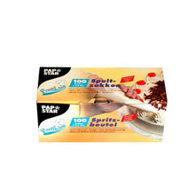 A box PAPSTAR Transparent piping bags (30.5 x 16.2 cm), folding box containing 100 pieces from PAPSTAR GmbH—the perfect baking accessories for creative cake decoration. The yellow package shows a hand using a piping bag to decorate cakes.