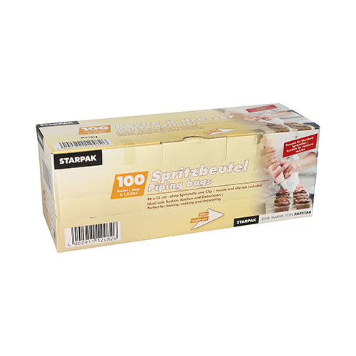 A rectangular box with 100 transparent piping bags from Starpak is seen against a white background. On the packaging, there is a hand shown piping cream onto pastries.