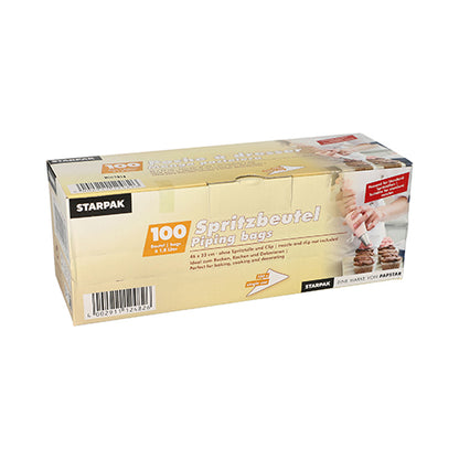 A rectangular box with 100 transparent piping bags from Starpak is seen against a white background. On the packaging, there is a hand shown piping cream onto pastries.