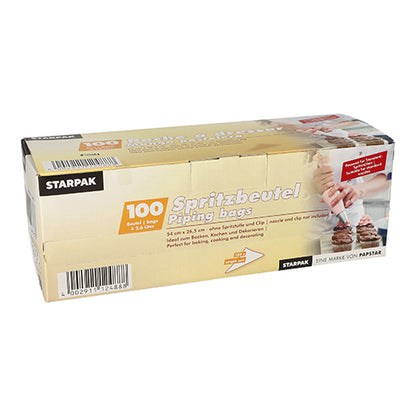 A box of transparent piping bags Starpak 100 from Starpak contains 100 transparent disposable bags. On the front, there are product details and a picture of hands decorating pastries with a piping bag.