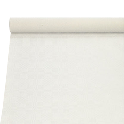 The paper tablecloth with damask embossing (10 m x 1 m) from PAPSTAR GmbH is partially unrolled on a white background and features a subtle, light, square geometric pattern.