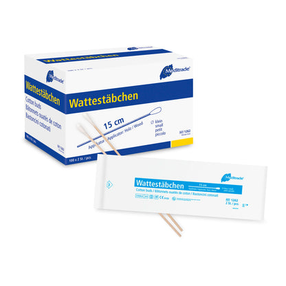 Cotton swabs packed sterile in packs of 2, length: 15 cm, small head, wood | Pack (200 pieces)