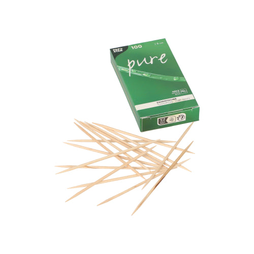 A green PAPSTAR-box with the label "pure" contains 100 round wooden toothpicks (8 cm) in a folding box, with some toothpicks in front of the eco-friendly cardboard packaging on a white background.
