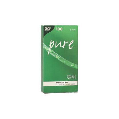 A green box from PAPSTAR GmbH with the label "pure" contains 100 round wooden toothpicks (8 cm) in an eco-friendly box with leaf and water drop design and German and English text. Product: PAPSTAR toothpicks "pure" made of wood, 8 cm.