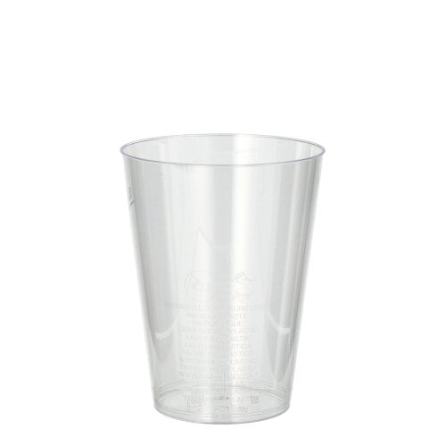A Starpak 10 drinking cup made of PS (0.2 l, Ø 7.5 cm, 9.7 cm) stands crystal clear and empty against a white background. The transparent cup shows fine surface markings.