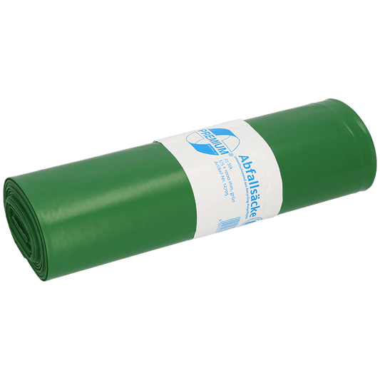 Eine aufgerollte DEISS Müllsäcke 575x1000x0,06 mm aus Recycling-LDPE 70 l von EMIL DEISS KG (GmbH + Co.) mit einem weiß-blauen Etikett mit Text und Grafik, sauber platziert auf einem schlichten weißen Hintergrund.