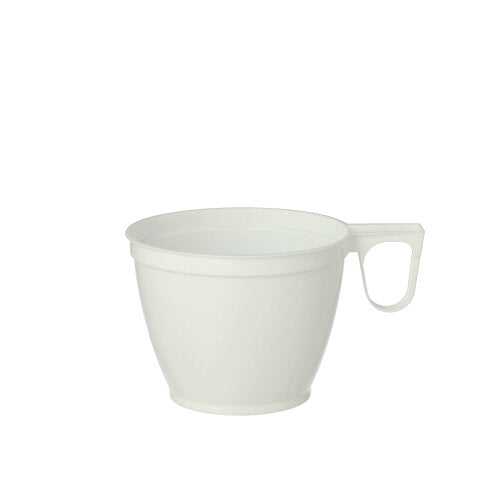 A pack of 10 white Starpak coffee cups (0.18 l, Ø 7.8 cm, 6 cm high) made of durable PS stands on a white background. Each cup has a handle and a simple, conical shape - ideal for daily coffee enjoyment.